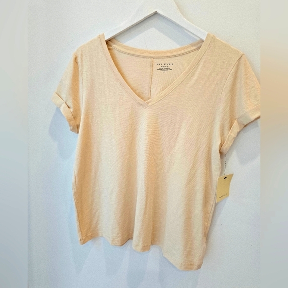 Max Studi Tan Beige Cream V-Neck Tee Short Sleeve Size L - Picture 1 of 4